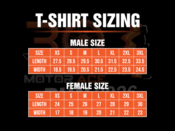 T-shirt sizing chart in inches. Male length/width: XS 27.5/18.5, S 28.5/19.5, M 29.5/20.5, L 30.5/21.5, XL 31.5/22.5, 2XL 32.5/23.5, 3XL 33.5/24.5. Female: XS 24/17, S 25/18, M 26/19, L 27/20, XL 28/21, 2XL 29/22, 3XL 30/23.